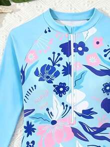 SHEIN 少女碎花半拉链圆领长袖连体泳衣，可爱女孩沙滩度假装 - 藍色 - 查看 3