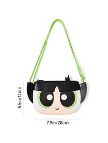 THE POWERPUFF GIRLS X SHEIN 卡通超級英雄女孩人造皮革斜背包，可愛角色設計單肩包，適合女孩與青少年的迷你側背包 - 黑色 - 查看 7