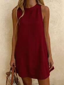 Vaclyn Women's Solid Color Round Neck Sleeveless Casual Vacation Fashion Dress - Burgundy - View 5