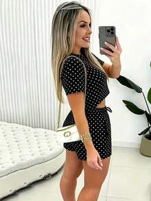 EMERY ROSE Women's Summer Casual Polka Dot Print T-Shirt And Shorts 2 Pieces Set - Black and White - View 2