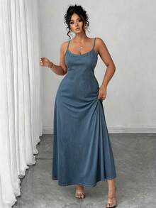 Elenzga Vestido de tirantes finos azul minimalista talla grande - Multicolor - Ver 6