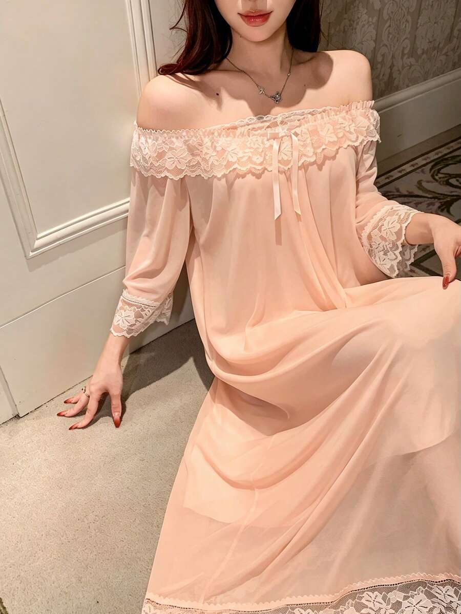 DAZY 蕾絲拼接露肩寬鬆女款睡裙家居服睡衣 - 杏色 - 查看 1