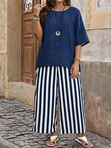 EMERY ROSE Plus Size Women's Solid Color Round Neck Short Sleeve Shirt And Striped Wide Leg Pants Casual 2-Piece Set Vacation Navy Blue Summer - Blue and White - View 3