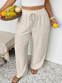 Lounesse Plus Size Women's Casual Ruffled Waist Tie Bow Pocket Loose Pants, Suitable For Spring & Summer - Apricot - View 4