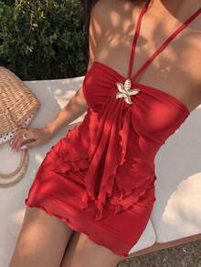 Sunnyshic Women's Spring/Summer Vacation Style Mint Mermaid Blue Floral Metal Buckle Patchwork Elegant Halter Neck Tank Top And Skirt Set Beach Outfit - Red - View 6