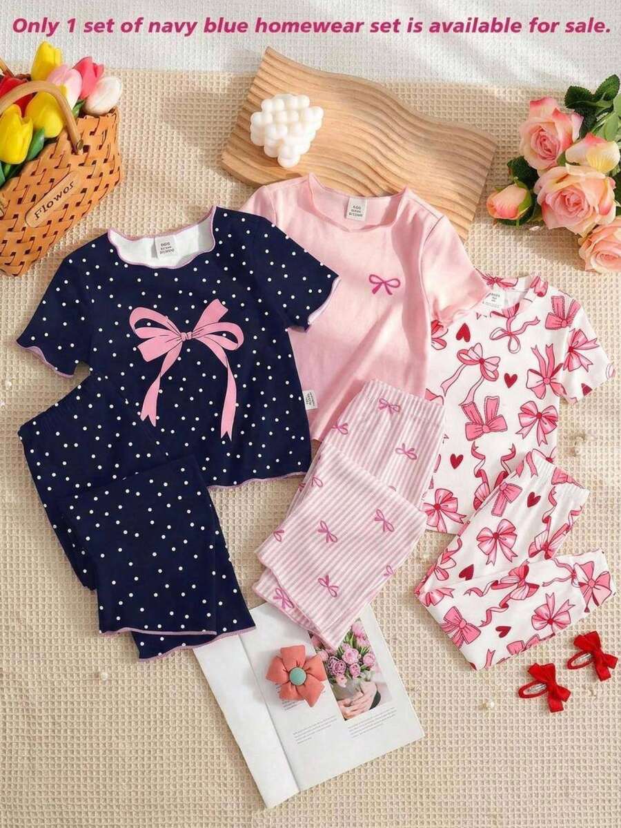 SHEIN Piyama Anak Perempuan Motif Kartun, Kerah Bulat Berkerut, Lengan Pendek, Celana Panjang, Lembut dan Ramah Kulit, Set 2 Potong, Potongan Slim Fit - Berwarna merah muda - View 1