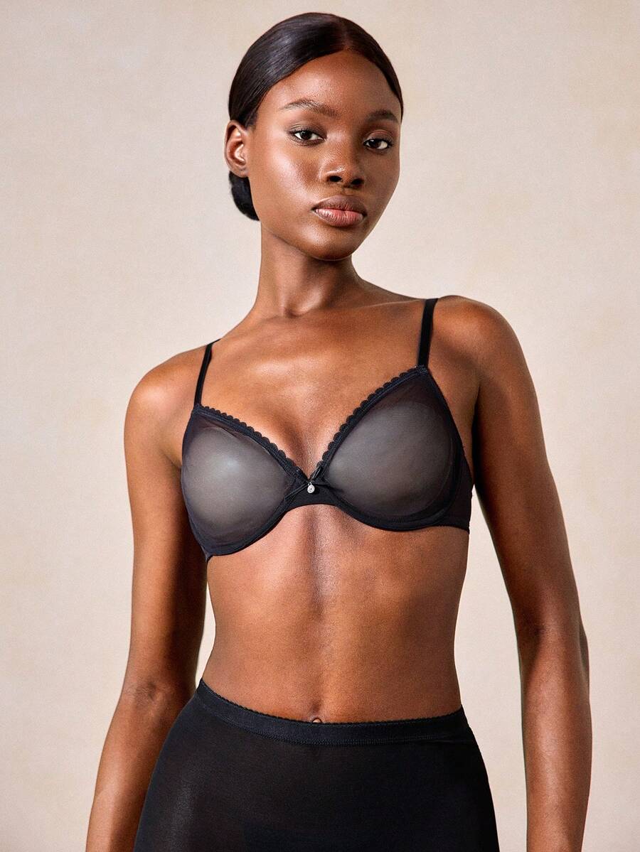 Veilyse Sheer Unpadded Mesh Breathable Bra, Lingerie - Black - View 1