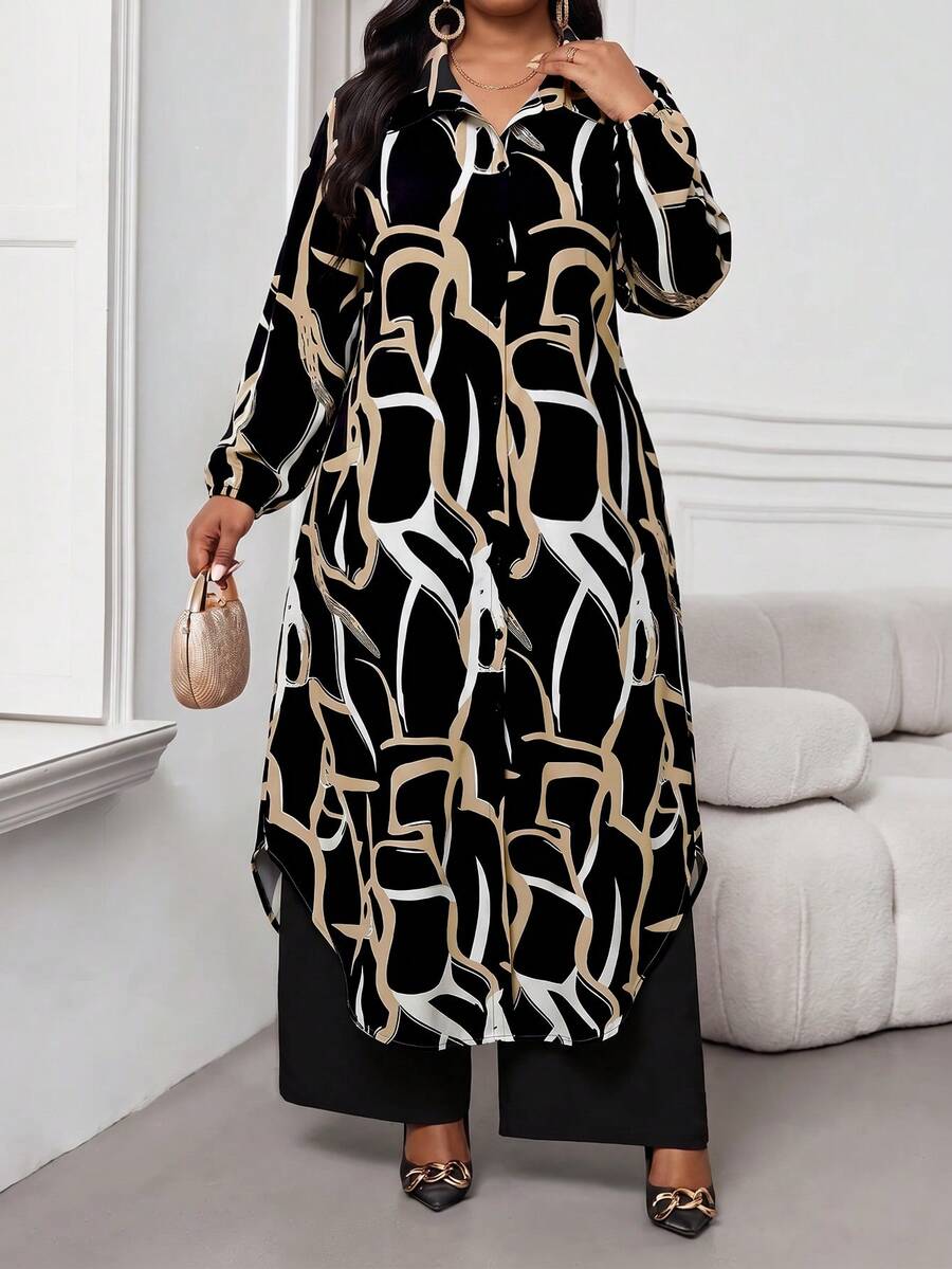 SHEIN Lady 大尺碼時尚通勤全印花襯衫與長褲兩件套 - 彩色 - 查看 1