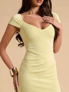 SHEIN BAE Pale Yellow Solid Color Sweetheart Neck Short Sleeve Backless Fitted Maxi Knit Dress, Elegant Dress, Summer Cocktail - Yellow - View 7