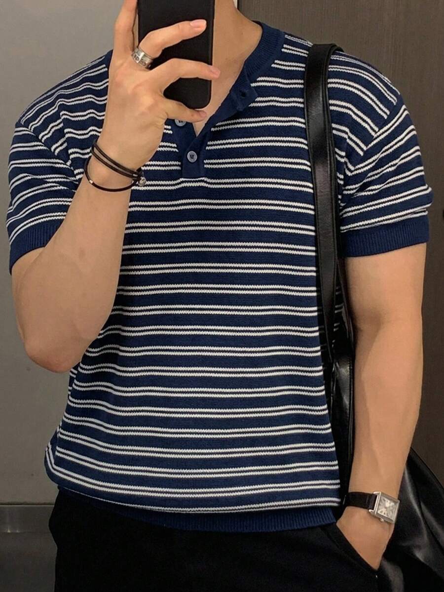 DAZY 男士春夏季短袖海軍藍白條紋圓領半鈕扣針織上衣 - 藏蓝色 - 查看 1