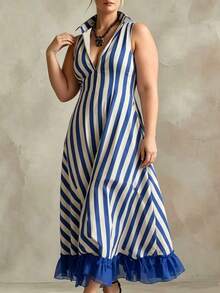 SHEIN LUNE CURVE 大码女士优雅简约通勤休闲度假性感日常约会派对购物荷叶边雪纺拼接蓝白条纹中长连衣裙 - 藍白色 - 查看 1