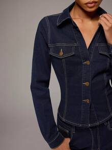 SHEIN BAE طقم جاكيت وبنطلون جينز كاجوال للنساء بأكمام طويلة وأزرار أمامية مفردة - أزرق داكن - مشاهدة 6