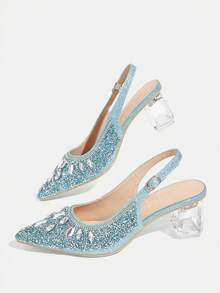CUCCOO TILAWA Women's Crystal Heel Glass Rhinestone Pointed Toe Pink High Heel Pumps, Suitable For Outings, Banquets, Parties And Other Events - Baby Blue - View 7