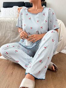 Napfluff CURVE Napfluff CURVE Plus Size Women's Round Neck Ruffle Trim Blue Striped Cherry Print Ribbed Knit Casual Romantic Pajama Set 2pcs - Blue - View 1