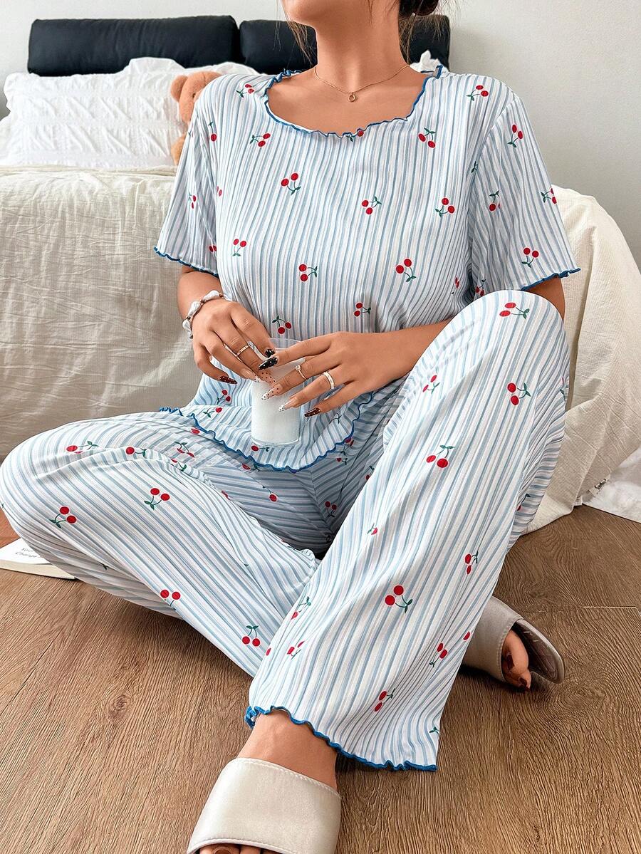 Napfluff CURVE Napfluff CURVE Plus Size Women's Round Neck Ruffle Trim Blue Striped Cherry Print Ribbed Knit Casual Romantic Pajama Set 2pcs - Blue - View 1