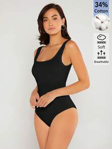 SHEIN BASICS 女款純色方領背心連身衣 日常白天穿著 黑色 夏季基礎款 極簡休閒居家風 - 黑色 - 查看 3