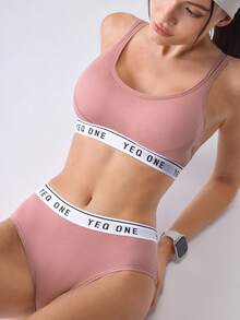 Loungeista 1 Set Women's Letter Print Hollow Criss-Cross Camisole Bra Set, Wireless, Breathable Back Design, Sports Bra Set - Watermelon Pink - View 12