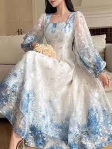 DAZY Gaun Midi Wanita Gaya Elegan Musim Semi/Panas dengan Motif Bunga di Seluruh Permukaan dan Leher V - Biru - View 3