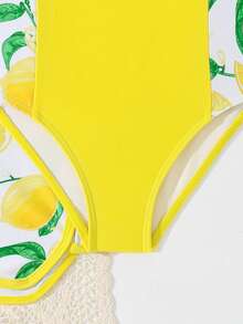 SHEIN 女童檸檬印花連身泳衣與短褲套裝，適合海灘度假、泳池派對、海灘派對 - 彩色 - 查看 3