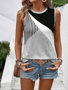 SHEIN Women's Round Neck Colorblock Casual Versatile Daily Wear Top - Multicolor - View 5
