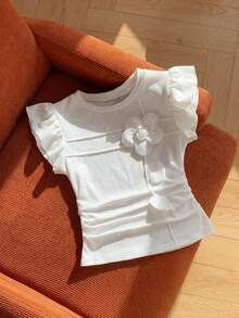 Tween女孩夏季通勤優雅休閒百搭3D花朵荷葉袖圓領無袖姊妹款T恤 - 白色 - 查看 8