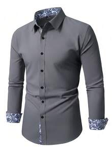 Manfinity Mode Camisa de manga larga con patrón floral de patchwork de un solo pecho (sin posición), formal para hombres - Gris Oscuro - Ver 4