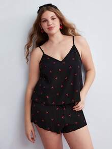 Elorette Plus Size Cherry Print Chiffon Lace Patchwork 2-Piece Set - Black - View 2