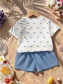 2件/套 女童幼兒夏季新款柔軟面料蝴蝶結印花圓領短袖T恤彈性腰鬆身短褲簡約百搭時尚夏季海灘度假休閒套裝 - 彩色 - 查看 3