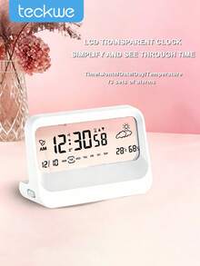 Teckwe Reloj de escritorio, reloj despertador digital, diseño moderno transparente, temperatura, humedad, función de repetición, decoración estética del hogar, decoración de oficina, reloj de escritorio a batería para oficina, sala de estar, dormitorio, estantería, etc. - Multicolor - Ver 1