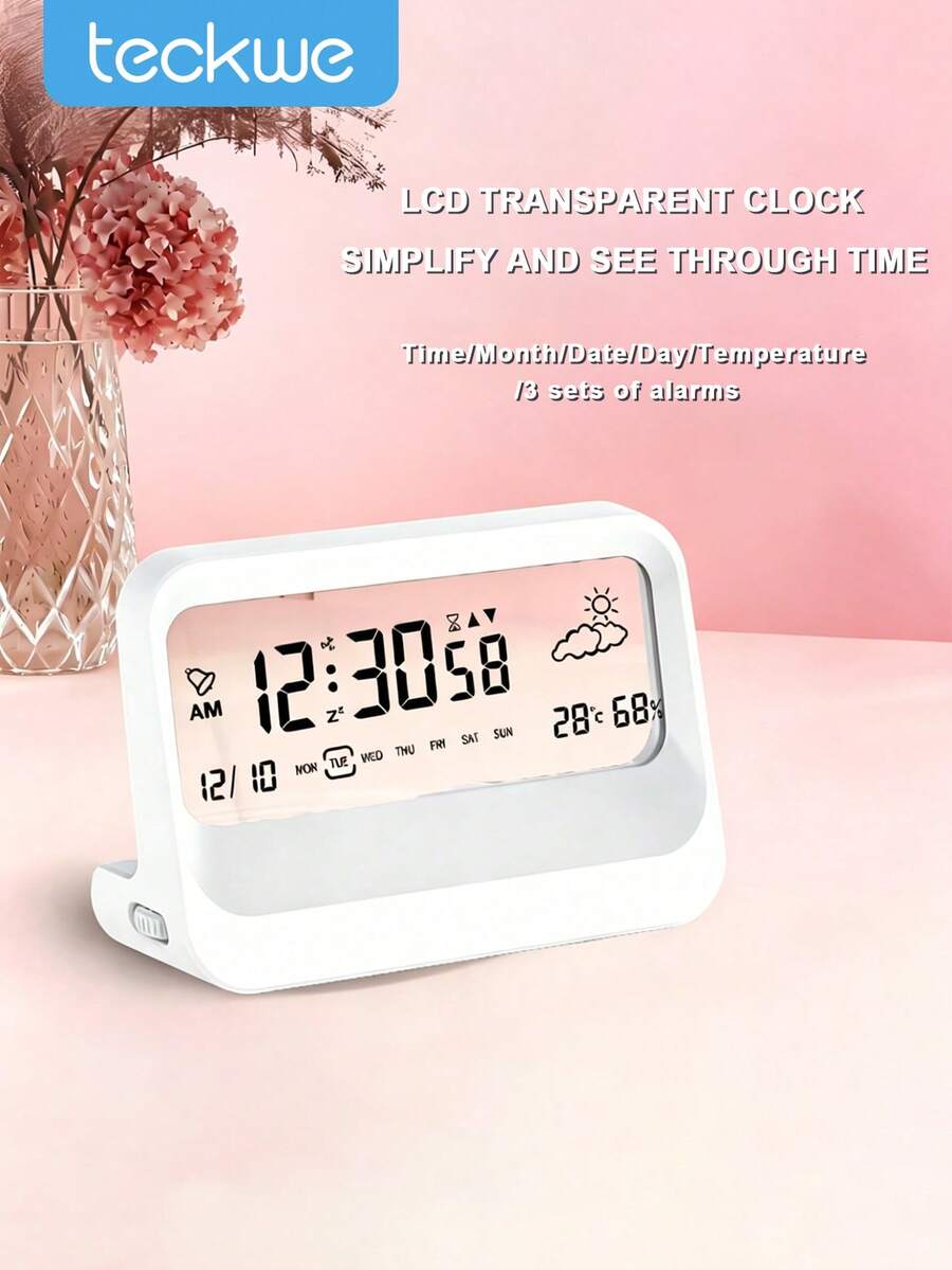 Teckwe Reloj de escritorio, reloj despertador digital, diseño moderno transparente, temperatura, humedad, función de repetición, decoración estética del hogar, decoración de oficina, reloj de escritorio a batería para oficina, sala de estar, dormitorio, estantería, etc. - Multicolor - Ver 1