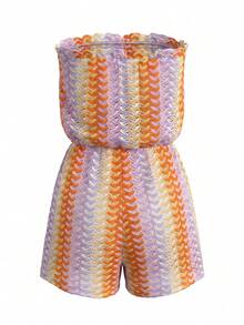 Swim Vcay 女款夏季海灘荷葉邊飾紋理條紋蕾絲印花度假遮陽連身褲 - 淡黃色 - 查看 7
