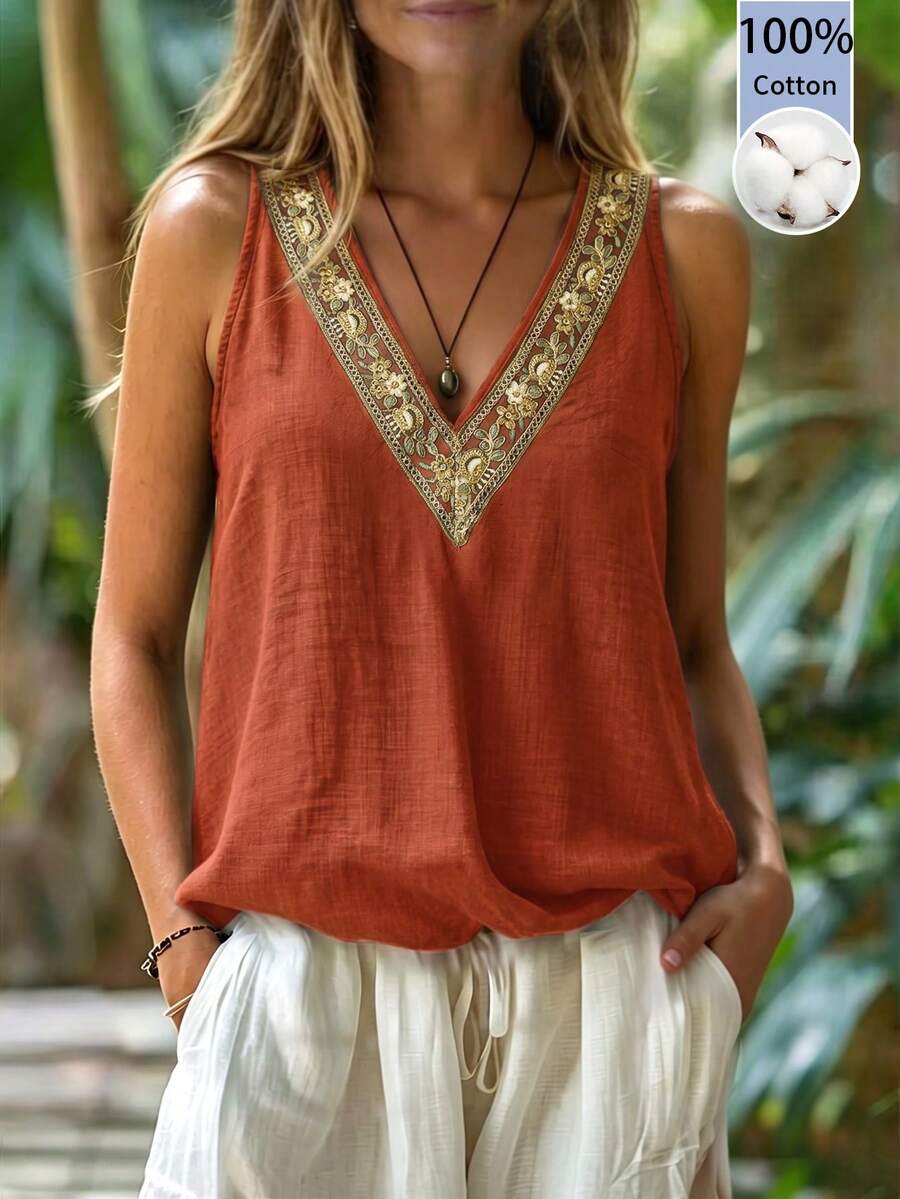 EMERY ROSE V-Neck Relaxed Vacation Style Lace Trim Women's Tank Top - Orange - View 1