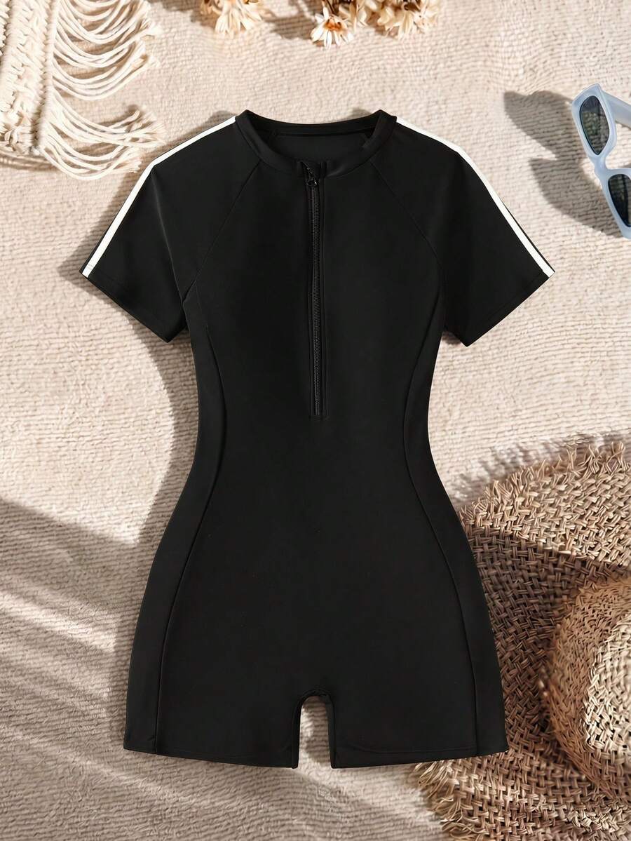 SHEIN 少女黑色冲浪泳衣针织套头衫,休闲日常海滩装,适合海洋运动、度假、拍照,也适合夏威夷度假和夏季穿着。 - 黑色 - 查看 1