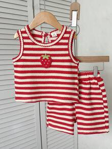 Elladie kids 女童紋理布料拼接下擺無袖上衣與休閒短褲 T-shirt 套裝 - 紅色 - 查看 4