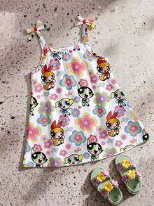 THE POWERPUFF GIRLS X SHEIN GraphicGems 女婴碎花无袖连衣裙，可爱卡通图案，夏季 - 彩色 - 查看 2