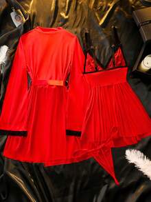 Seduluxe Conjunto de lencería de 4 piezas con camisola, bata y encaje clásico y sexy, en colores contrastantes y malla transparente, tallas grandes - Rojo - Ver 7