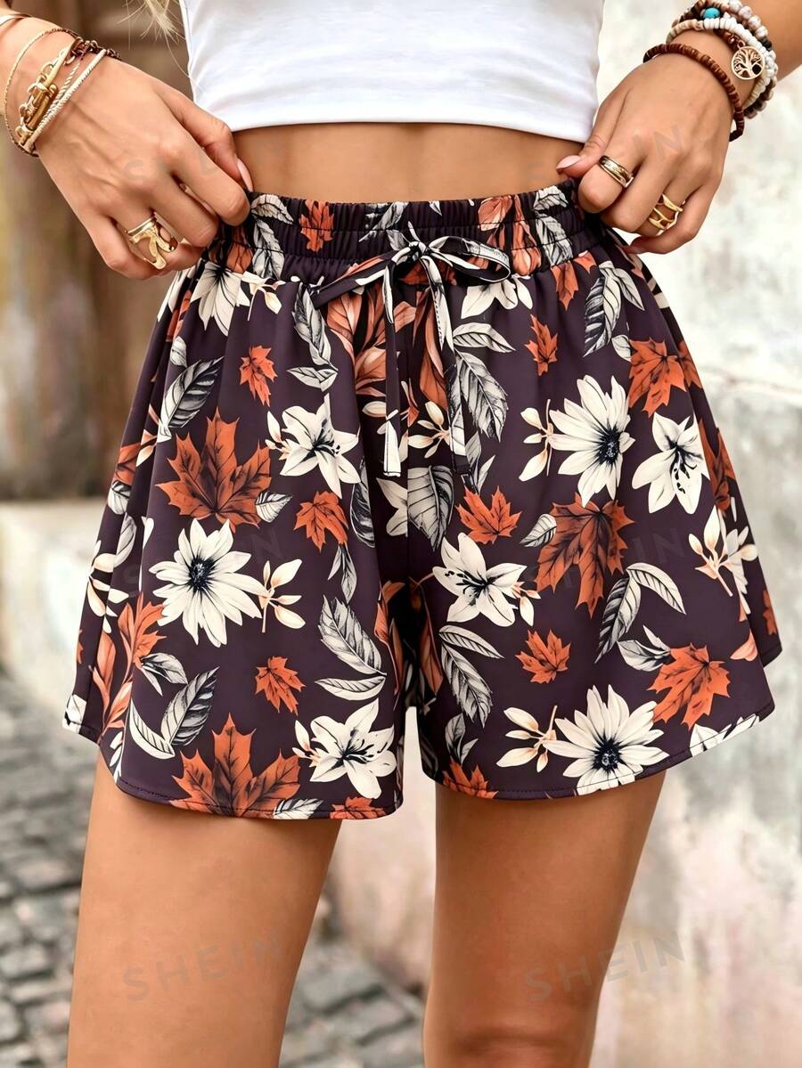 SHEIN Holidaya 女款花卉印花腰部綁帶休閒短褲,適合度假 - 咖啡棕 - 查看 1