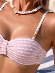 Swim Lushoire 女款新款特殊面料珠飾飾邊泳衣套裝 - 粉色 - 查看 5