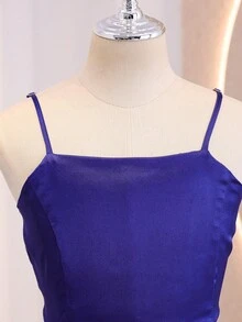 Wedding Party Bridal Shower Girls' Solid Color Spaghetti Strap Square Neck Fitted Slit Patchwork Ruffle Long Dress For Prom Performance Royal Blue - Navy Blue - View 6