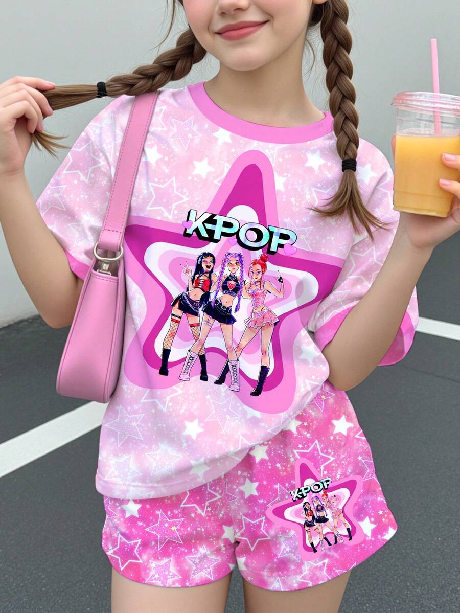 青少年女孩休閒 Y2K 極簡卡通女團印花,亮粉色短袖 T 恤與短褲 2 件套,適合夏季度假 - 彩色 - 查看 1