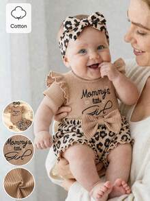 SHEIN 3件/套 嬰幼兒 春/秋季 可愛休閒外出圓領螺紋刺繡荷葉袖連身褲長褲蝴蝶結 & 頭飾套裝 - 棕色 - 查看 4