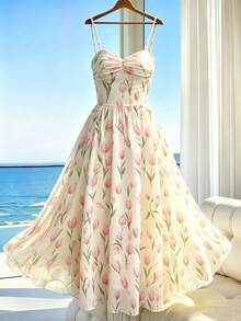 Rafferiza 2026 Summer New Women's Elegant Fashion Young Minimalist Spaghetti Strap Tulip Pattern Dress Daily Wear Long Holiday Vacation Floral Pink - Multicolor - View 5