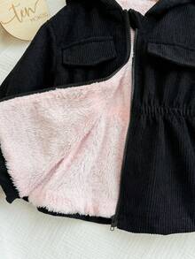 Baby Girl Cute Corduroy Hooded Thermal Lined Jacket, Autumn/Winter - Black - View 5