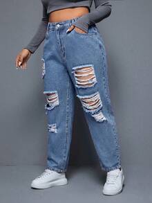 SHEIN ICON Plus Size Women's Casual Versatile Daily Wear Denim Jeans With Pocket, Button And Distressed Design - Light Wash - View 3