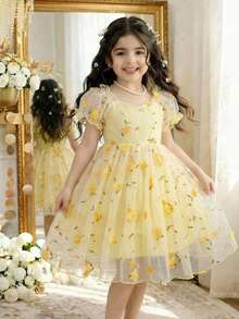 SHEIN Glamorique Kids 少女優雅迷人粉色可愛泡泡袖收腰奢華雙層刺繡網紗蓬蓬洋裝正式禮服 - 黃色 - 查看 5