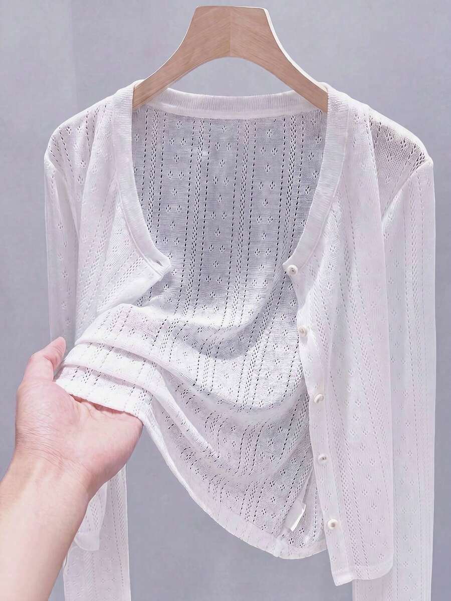 GlowEve CURVE Solid Color Ice Silk Hollow Knit Sun Protection Cover Up Plus Size Women Long Sleeve - White - View 1