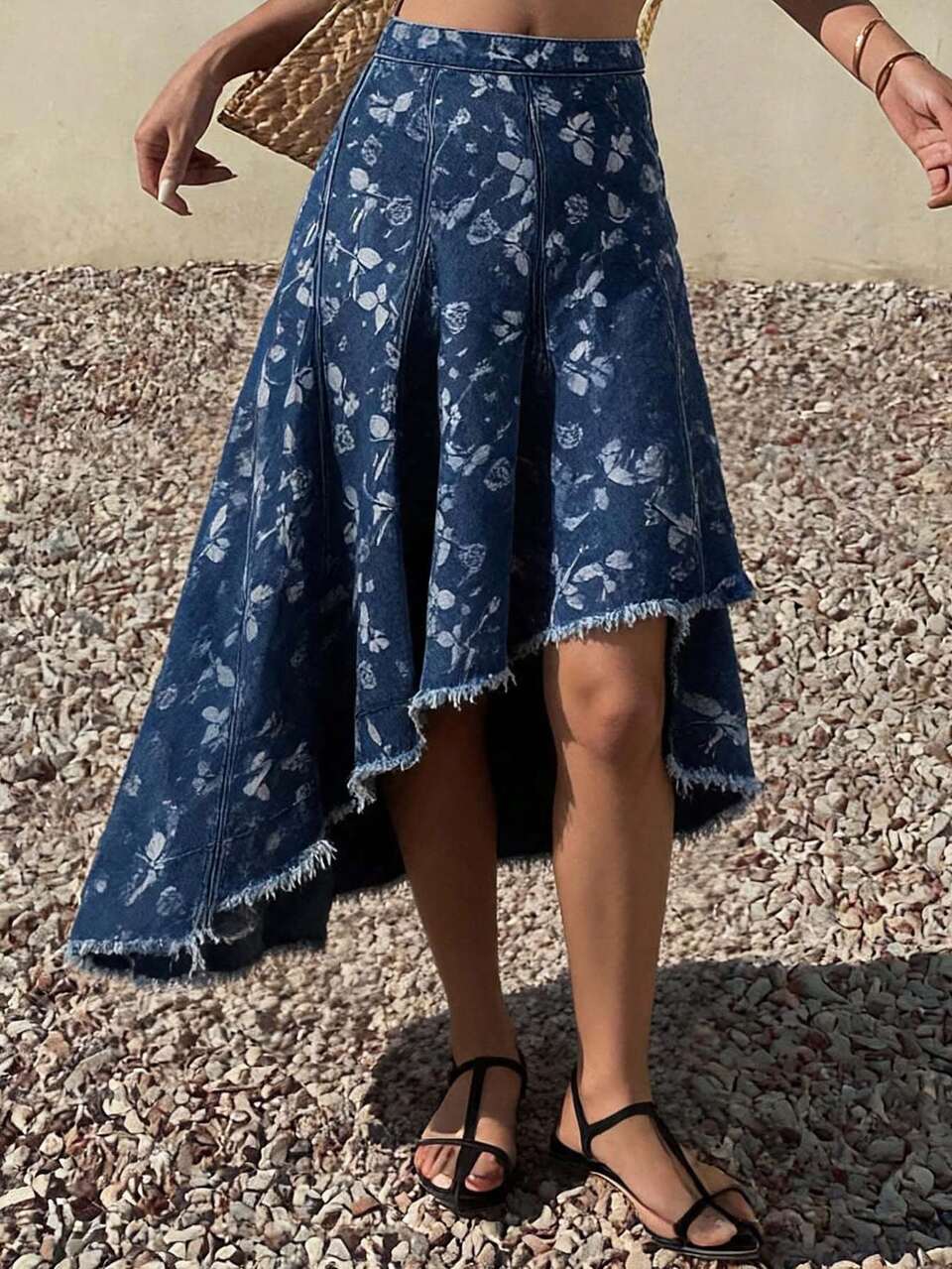 Asymmetrical Hem Printed Frayed Edge Loose Fit Women's Denim Skirt Vacation