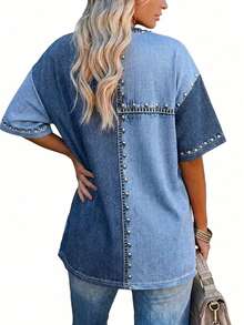 EMERY ROSE Camiseta de mujer de manga corta, perfecta para ir de compras y salir con las mejores amigas, un estilo único y llamativo para la primavera y el verano - Multicolor - Ver 2