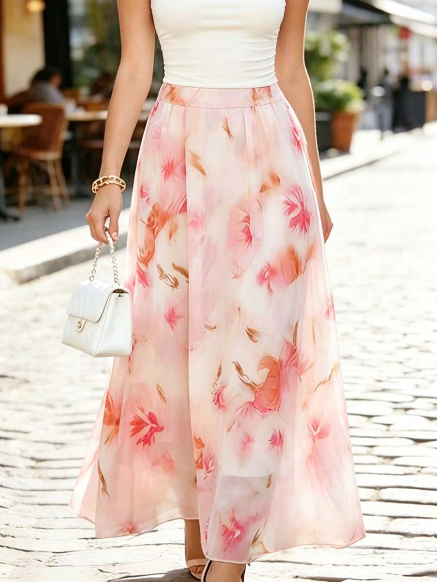 GlowEve CURVE Plus Size Spring/Summer Chiffon Printed A-Line Skirt, Suitable For Elegant Dates Vacation White Floral - Pink - View 1