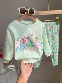 SHEIN Baby Mädchen süßes lässiges gestricktes grünes Cartoon-Muster Langarm Sweatshirt und elastische Taille lange Hose Set - Grün - Übersicht 7